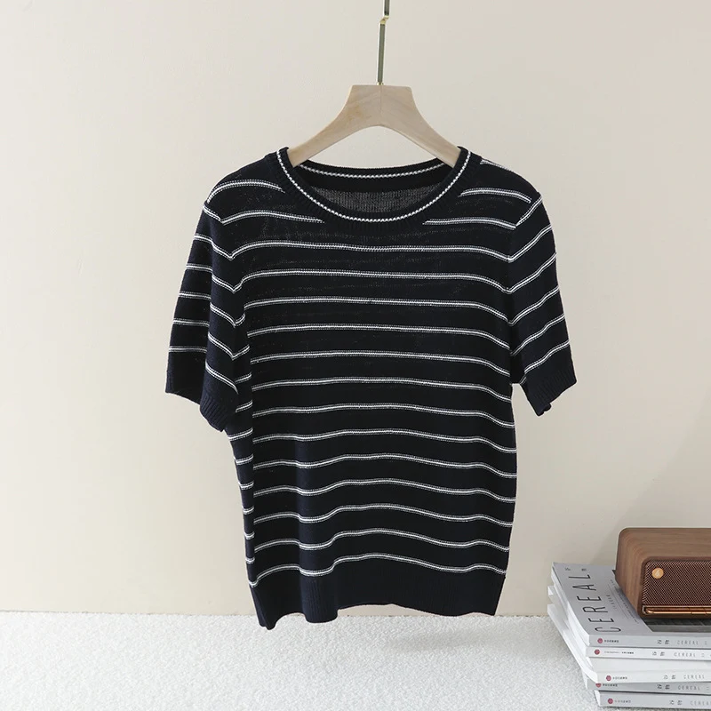 Damen Kurzarm-Feinstrickpullover mit maritimen Streifen Nord Taschen