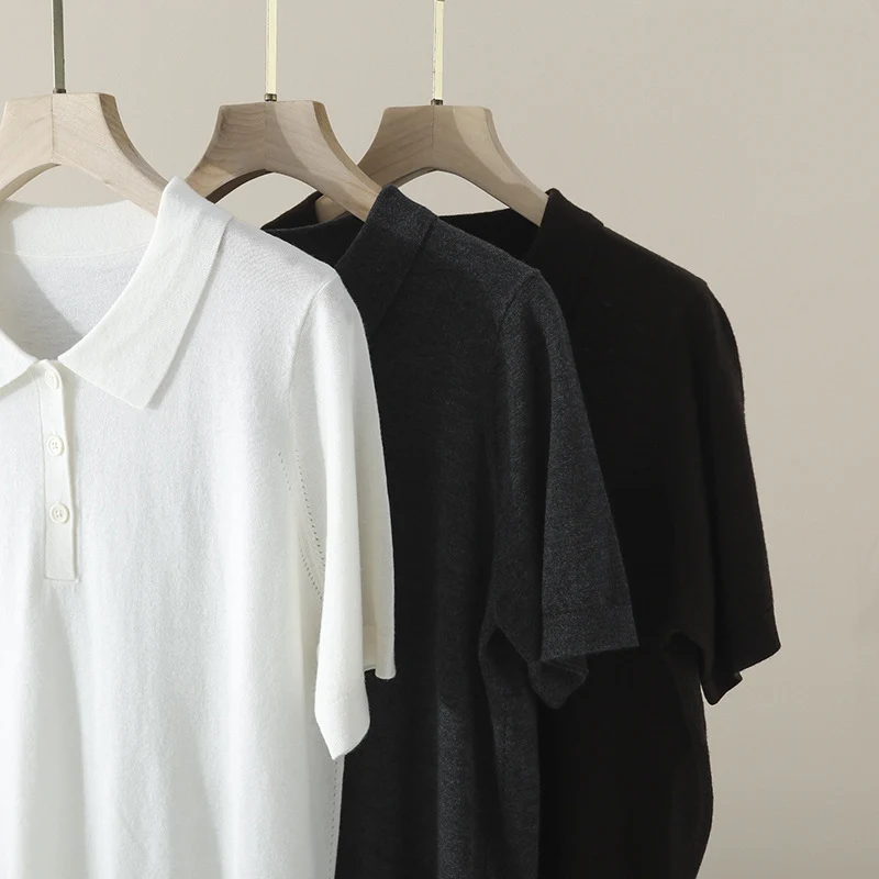 Damen Kurzarm Feinstrick-Poloshirt mit Knopfleiste Nord Taschen