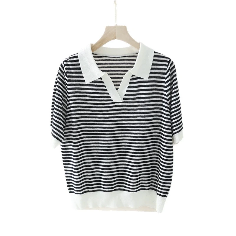 Damen Ringel-Polo-Feinstrickshirt mit offenem V-Schlitz und kontrastierendem Kragen Nord Taschen