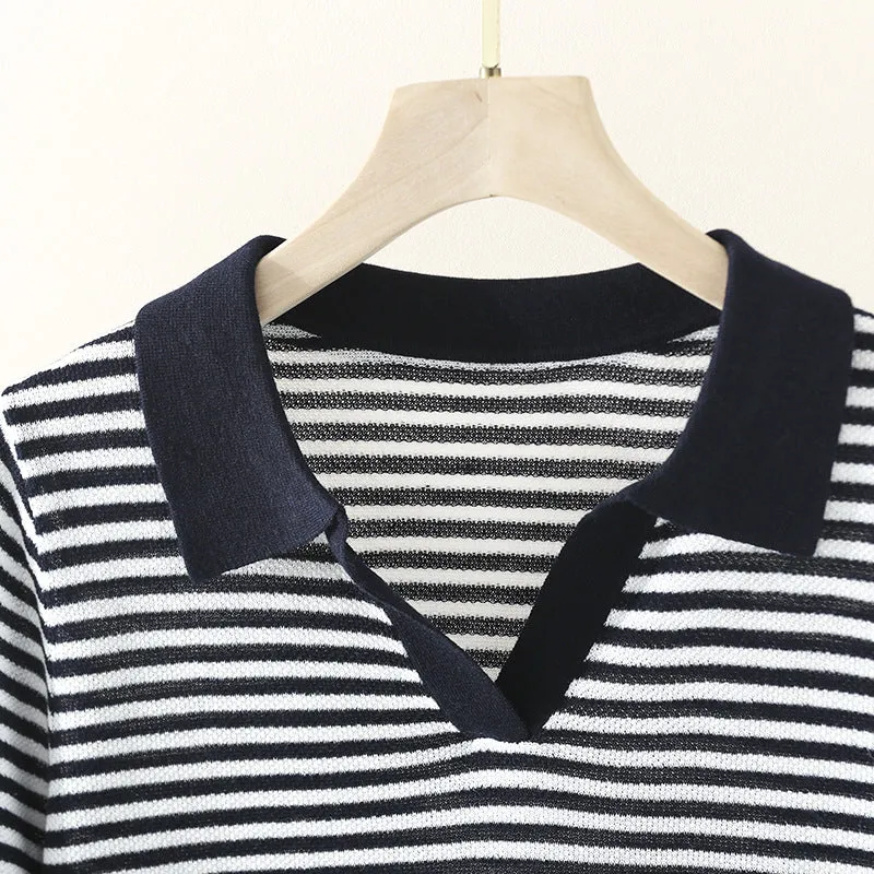 Damen Ringel-Polo-Feinstrickshirt mit offenem V-Schlitz und kontrastierendem Kragen Nord Taschen