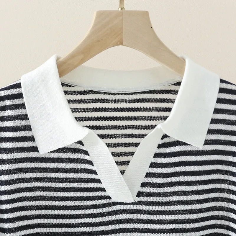 Damen Ringel-Polo-Feinstrickshirt mit offenem V-Schlitz und kontrastierendem Kragen Nord Taschen