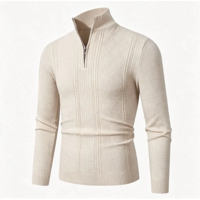 Herren Feiner Halbzip-Rollkragenpullover mit Strukturstreifen und körpernahem Schnitt Nord Taschen