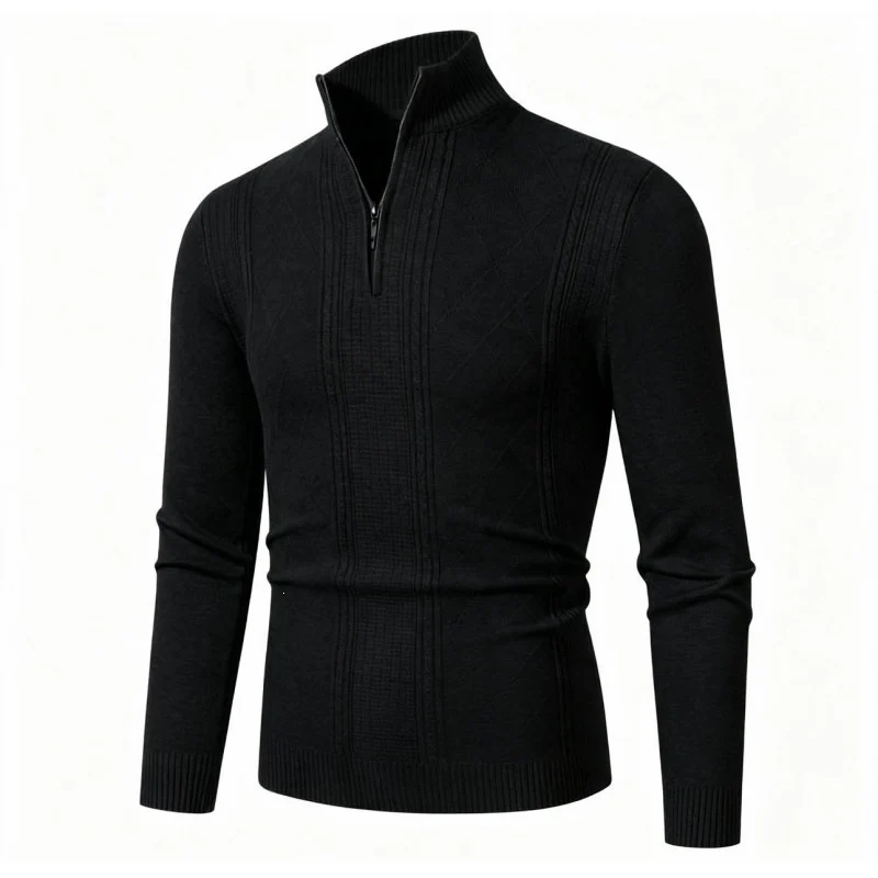 Herren Feiner Halbzip-Rollkragenpullover mit Strukturstreifen und körpernahem Schnitt Nord Taschen