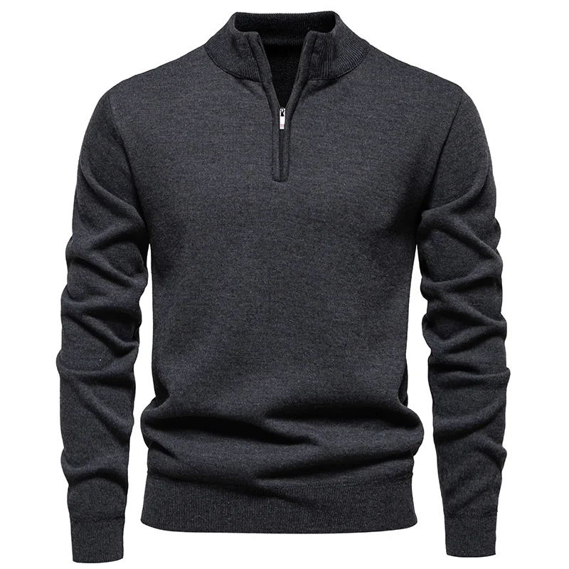 Herren Feiner Halbzip‑Mockneck‑Pullover aus Baumwollmix mit geripptem Kragen und Saum Nord Taschen
