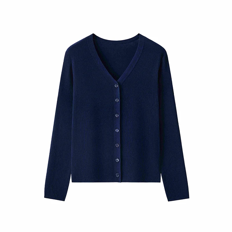 Damen Klassischer Feiner Rippen-Cardigan mit tiefem V-Ausschnitt und schmaler Silhouette Nord Taschen