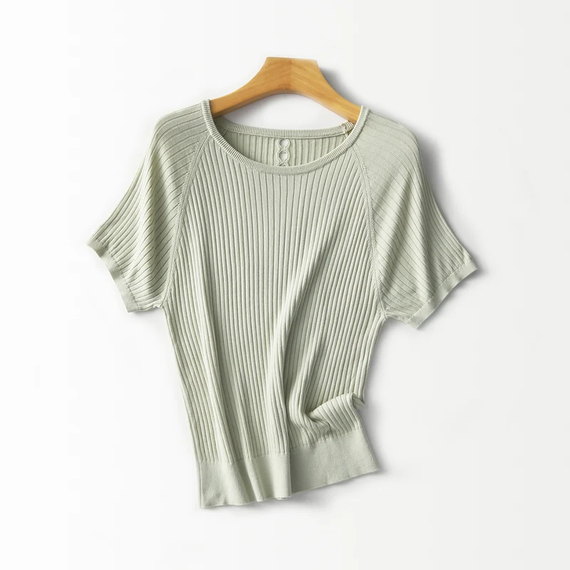 Damen Geripptes Kurzarm-Strickshirt mit Rundhalsausschnitt und Schlüsselloch-Detail Nord Taschen