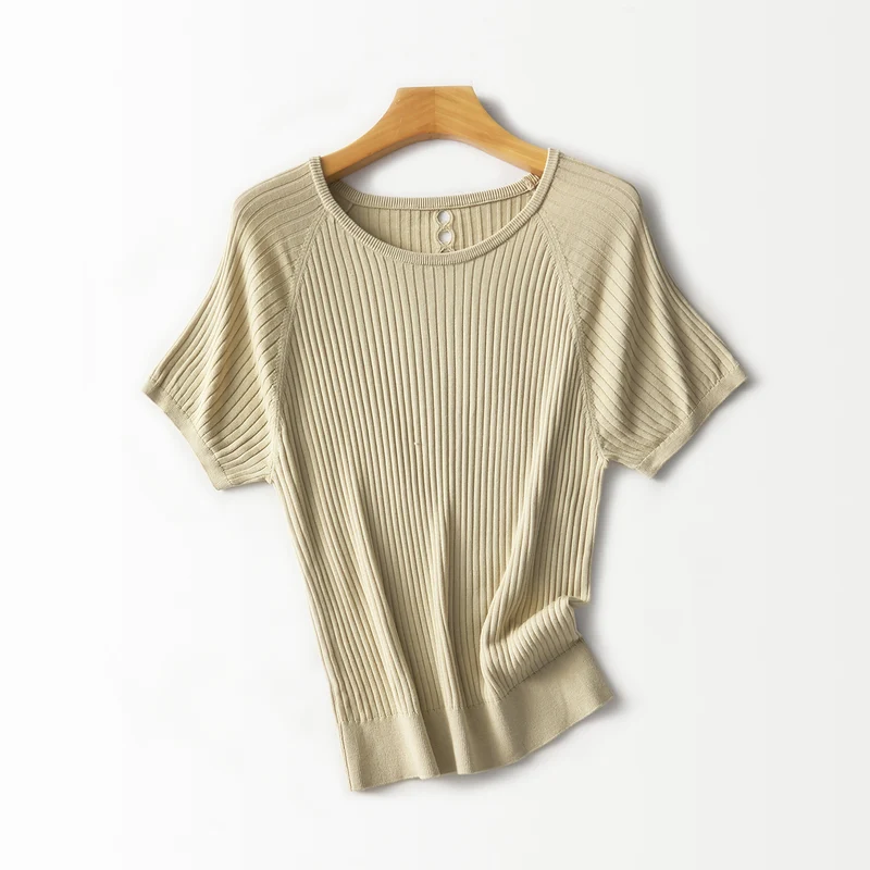 Damen Geripptes Kurzarm-Strickshirt mit Rundhalsausschnitt und Schlüsselloch-Detail Nord Taschen