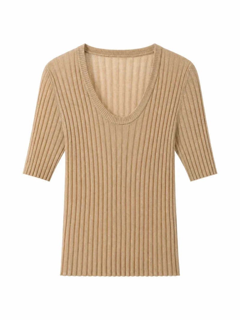 Damen Geripptes Feinstrickshirt mit tiefem U-Ausschnitt und halblangen Ärmeln Nord Taschen