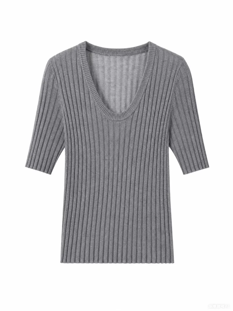 Damen Geripptes Feinstrickshirt mit tiefem U-Ausschnitt und halblangen Ärmeln Nord Taschen
