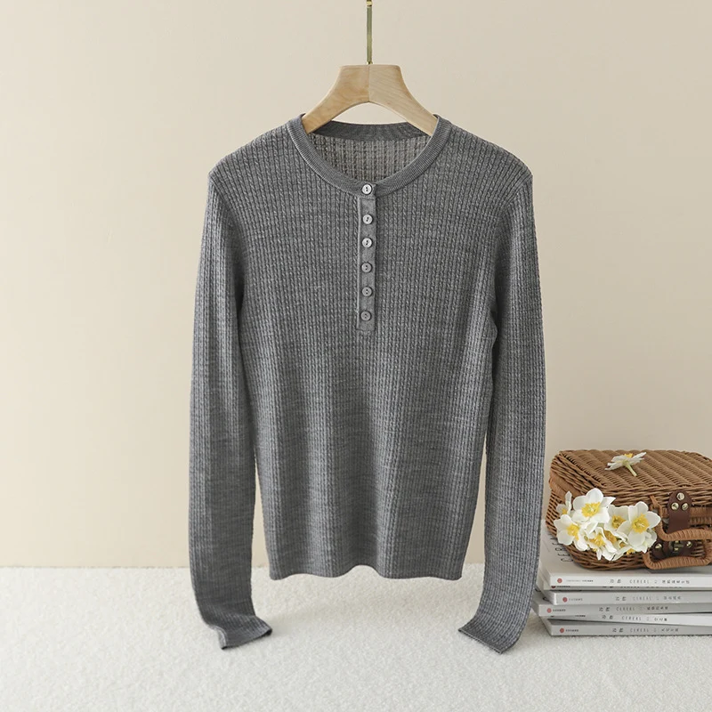 Damen Gerippter Henley-Feinstrickpullover mit schmaler Silhouette Nord Taschen