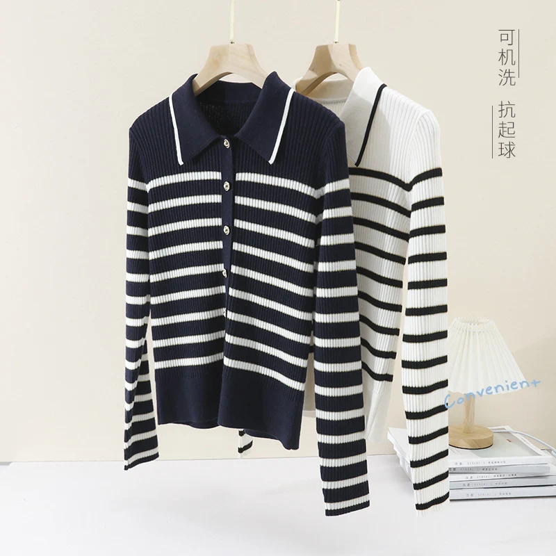 Damen Marin-inspiriertes Rippenstrick-Cardigan mit Polokragen und Zierknopfleiste Nord Taschen
