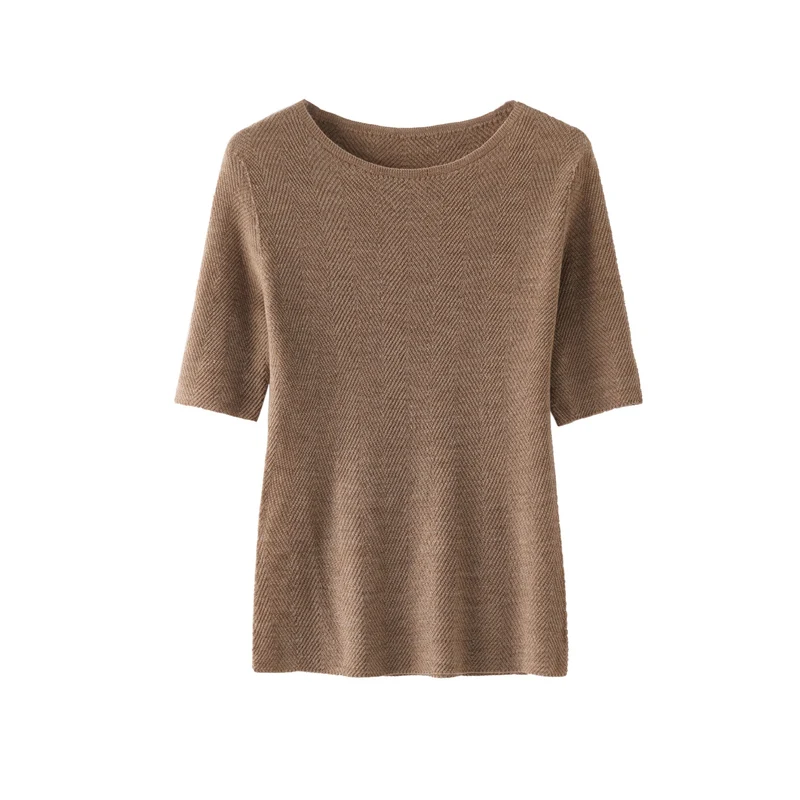 Damen Lockeres Feinstrick-Tunika-Shirt mit U-Boot-Ausschnitt und Fischgrätstruktur Nord Taschen