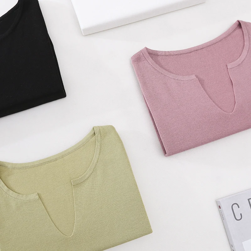 Damen Leichtes Kurzarm-Feinstrickshirt mit V-Notch-Ausschnitt und lockerem Fall Nord Taschen