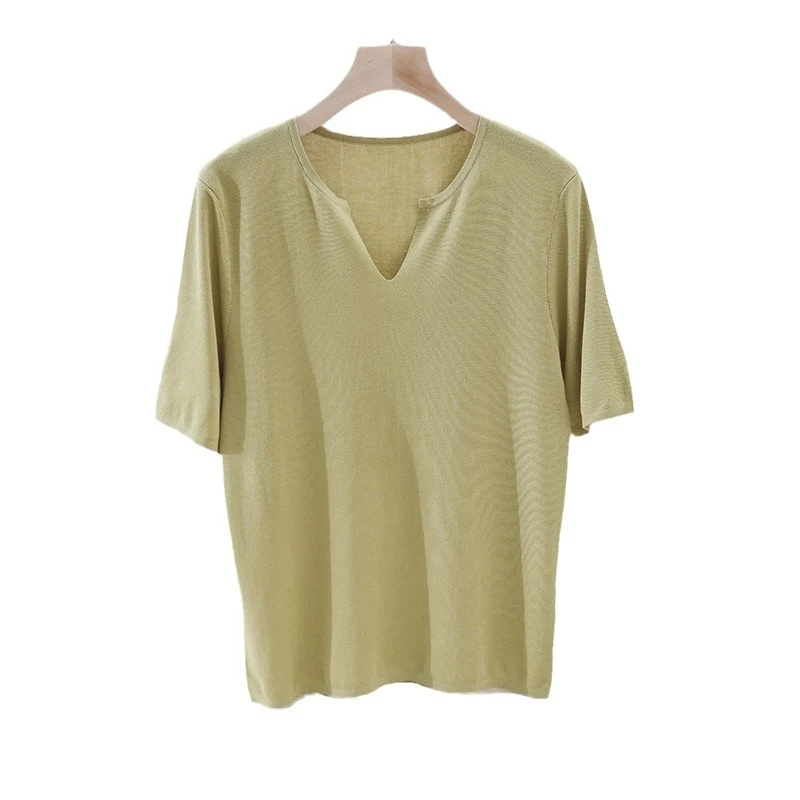Damen Leichtes Kurzarm-Feinstrickshirt mit V-Notch-Ausschnitt und lockerem Fall Nord Taschen