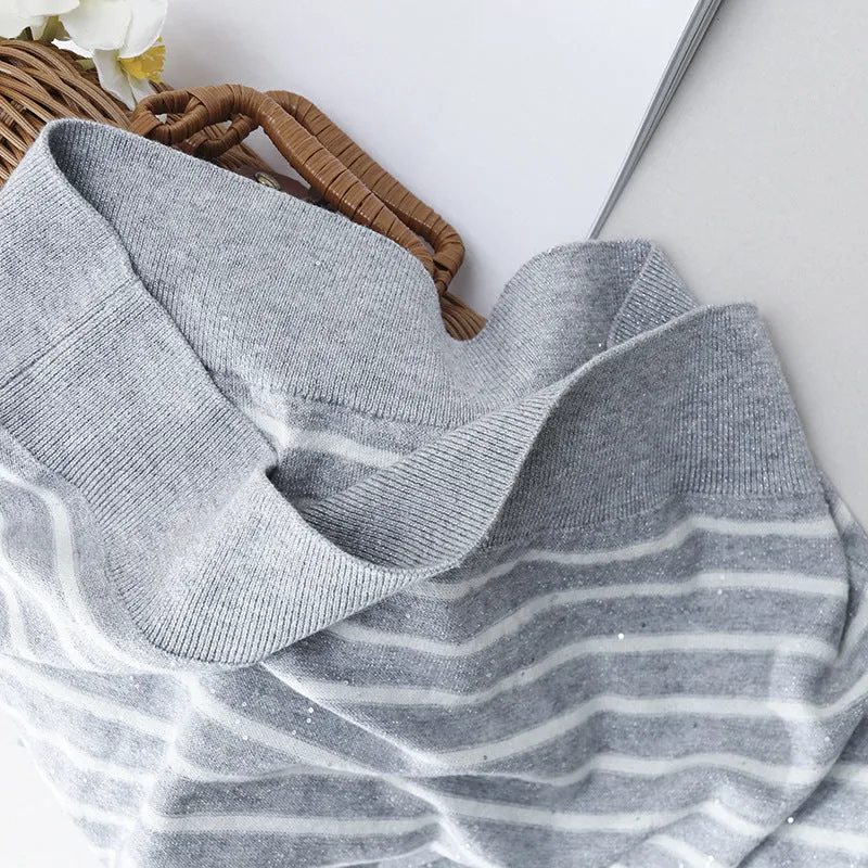 Damen Leichtes gestreiftes Feinstrickshirt mit Rundhalsausschnitt & kurzem Arm Nord Taschen