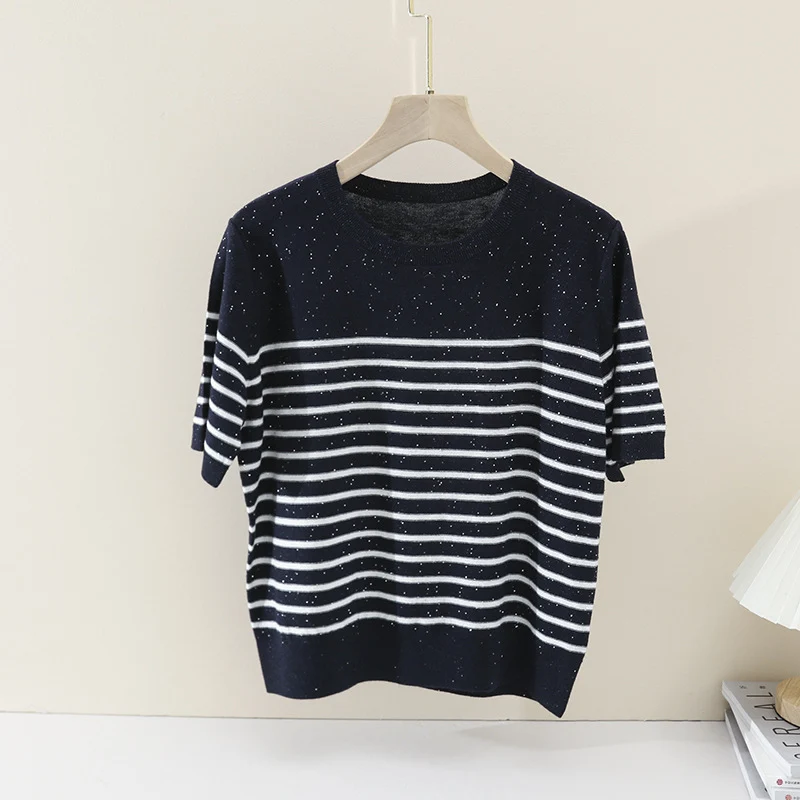 Damen Leichtes gestreiftes Feinstrickshirt mit Rundhalsausschnitt & kurzem Arm Nord Taschen