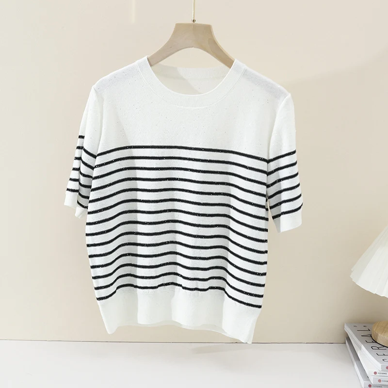 Damen Leichtes gestreiftes Feinstrickshirt mit Rundhalsausschnitt & kurzem Arm Nord Taschen