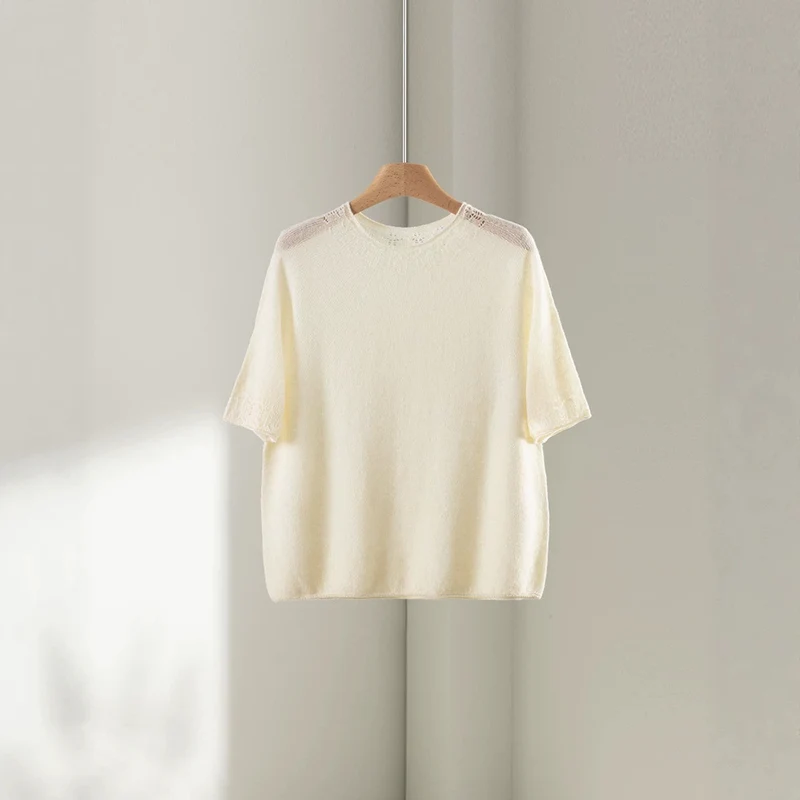 Damen Leichtes Feinstrick-Shirt mit halblangen Ärmeln, Rundhals und feinem Lochmuster Nord Taschen