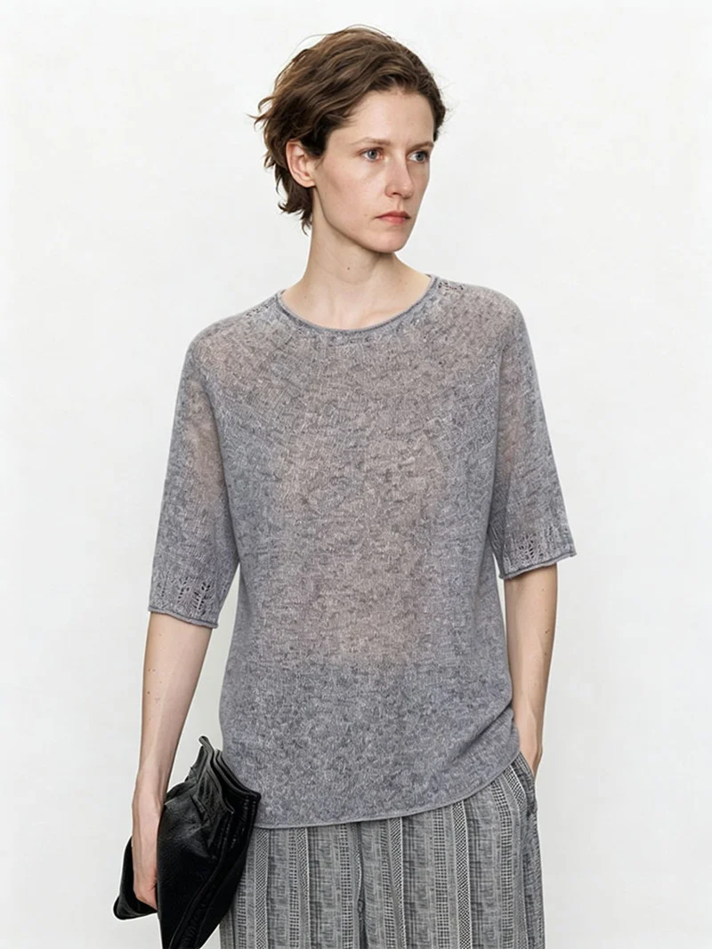 Damen Leichtes Feinstrick-Shirt mit halblangen Ärmeln, Rundhals und feinem Lochmuster Nord Taschen