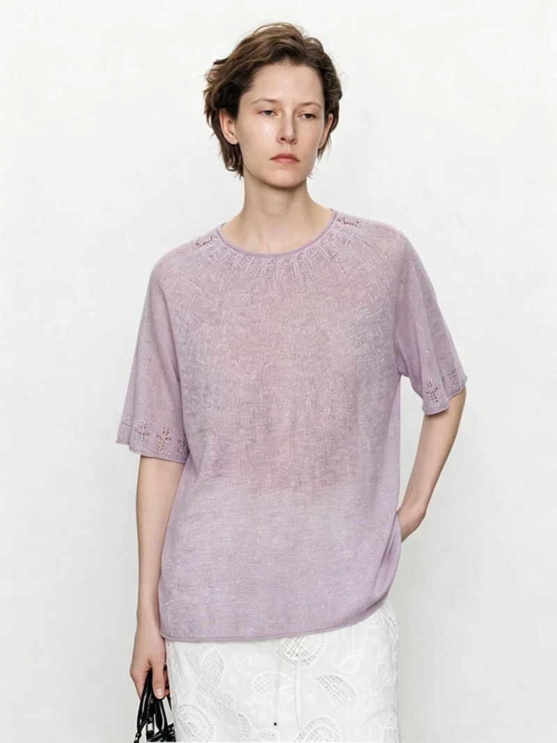 Damen Leichtes Feinstrick-Shirt mit halblangen Ärmeln, Rundhals und feinem Lochmuster Nord Taschen