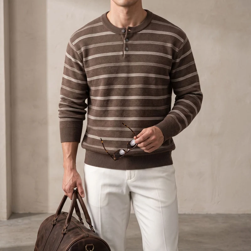 Herren Gestreifter Feinstrick-Henley-Pullover mit Knopfleiste und Rippbündchen Nord Taschen