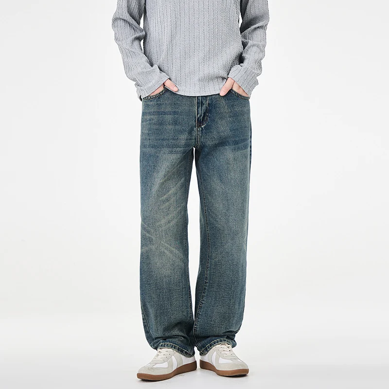 Herren Gerade geschnittene weite Jeans mit hohem Bund und Vintage-Waschung Nord Taschen