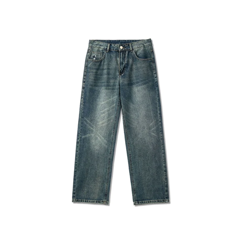 Herren Gerade geschnittene weite Jeans mit hohem Bund und Vintage-Waschung Nord Taschen