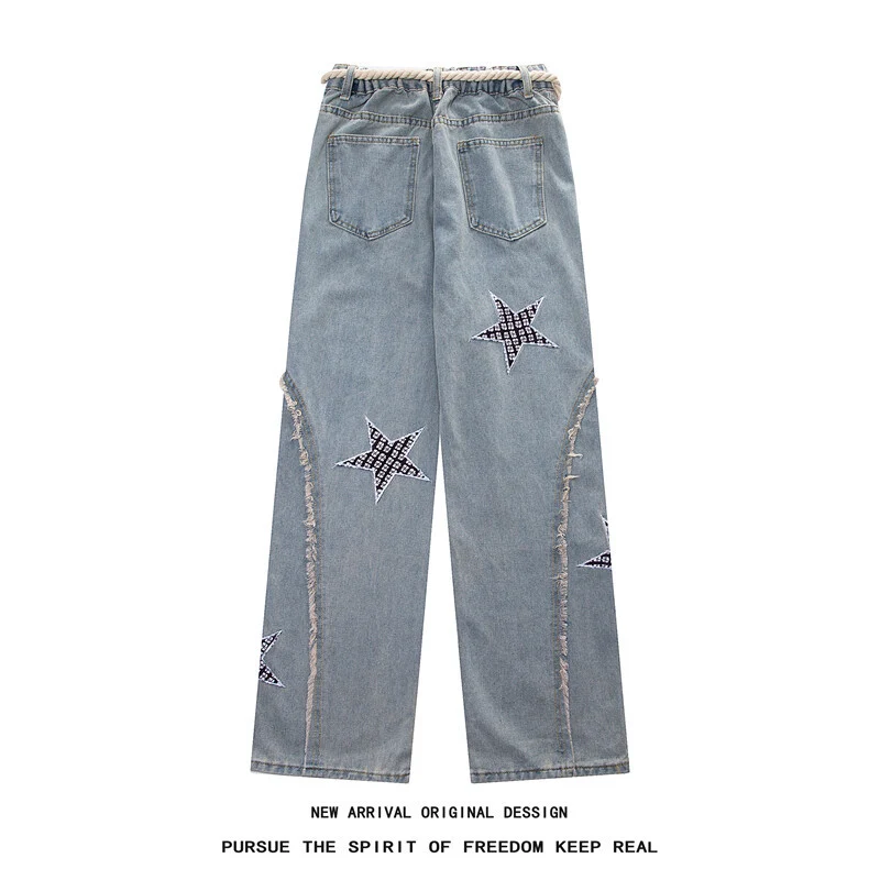Damen Weite High‑Waist Denimhose mit Stern‑Applikationen, Fransen‑Seitenschlitzen und Kordelbund Nord Taschen