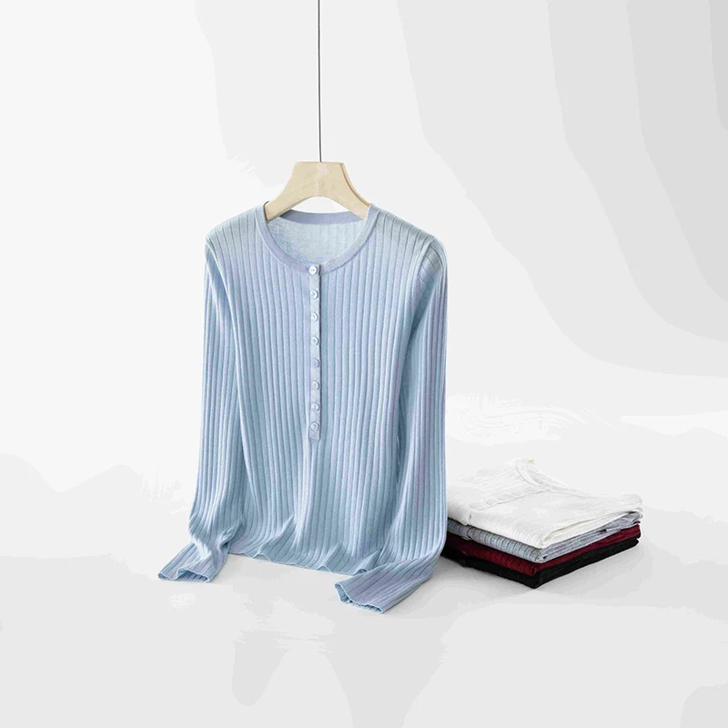 Damen Feinstrick-Pullover mit Henley-Knopfleiste und Rippenstruktur Nord Taschen