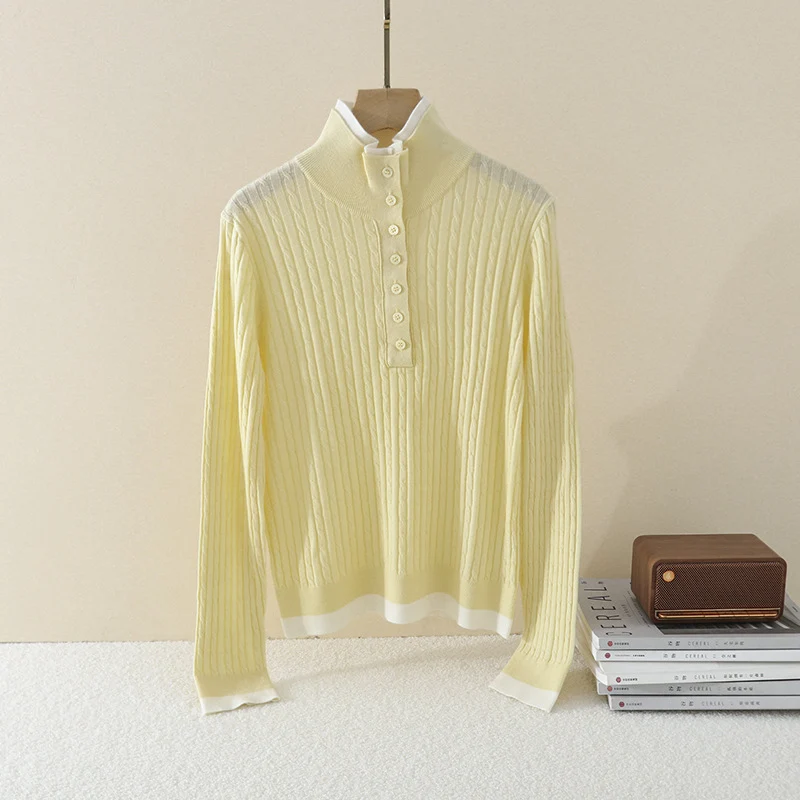 Damen Feinstrick-Polo-Pullover mit Rippstruktur, Stehkragen und Knopfleiste Nord Taschen