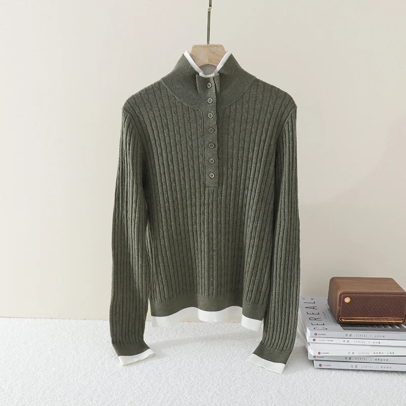 Damen Feinstrick-Polo-Pullover mit Rippstruktur, Stehkragen und Knopfleiste Nord Taschen