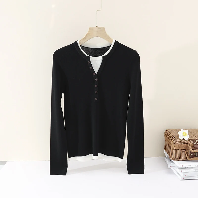 Damen Layer-Look Feinstrick-Longsleeve mit Henley-Knopfleiste Nord Taschen