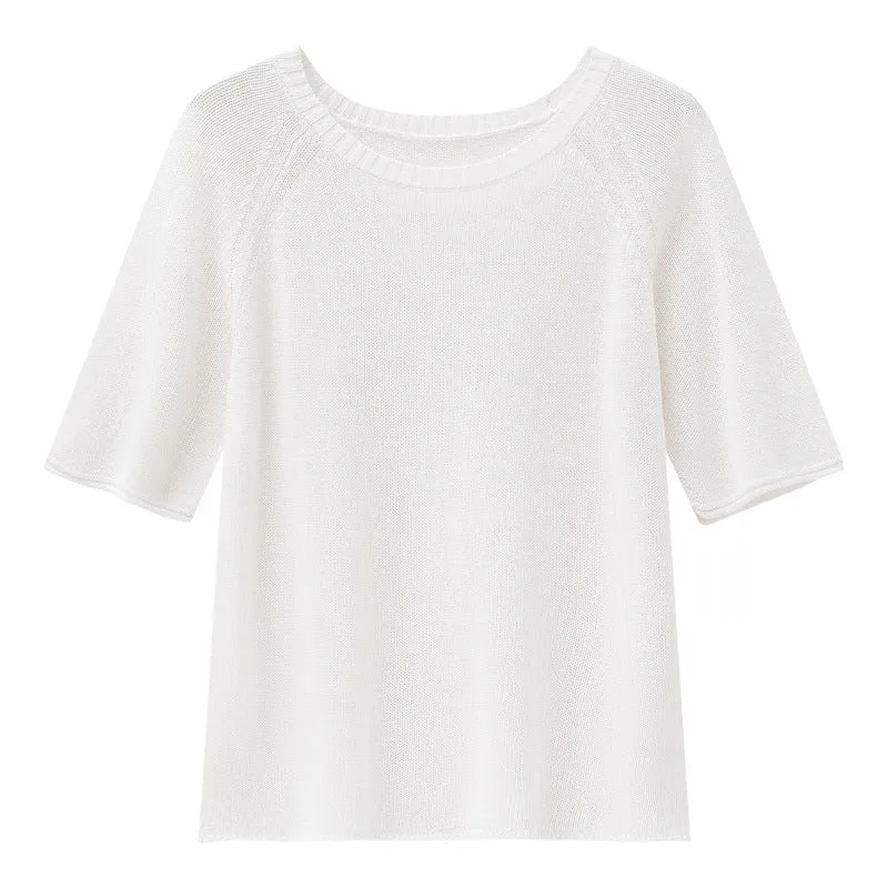 Damen Feines Strickshirt mit halblangen Ärmeln und Rundhalsausschnitt Nord Taschen