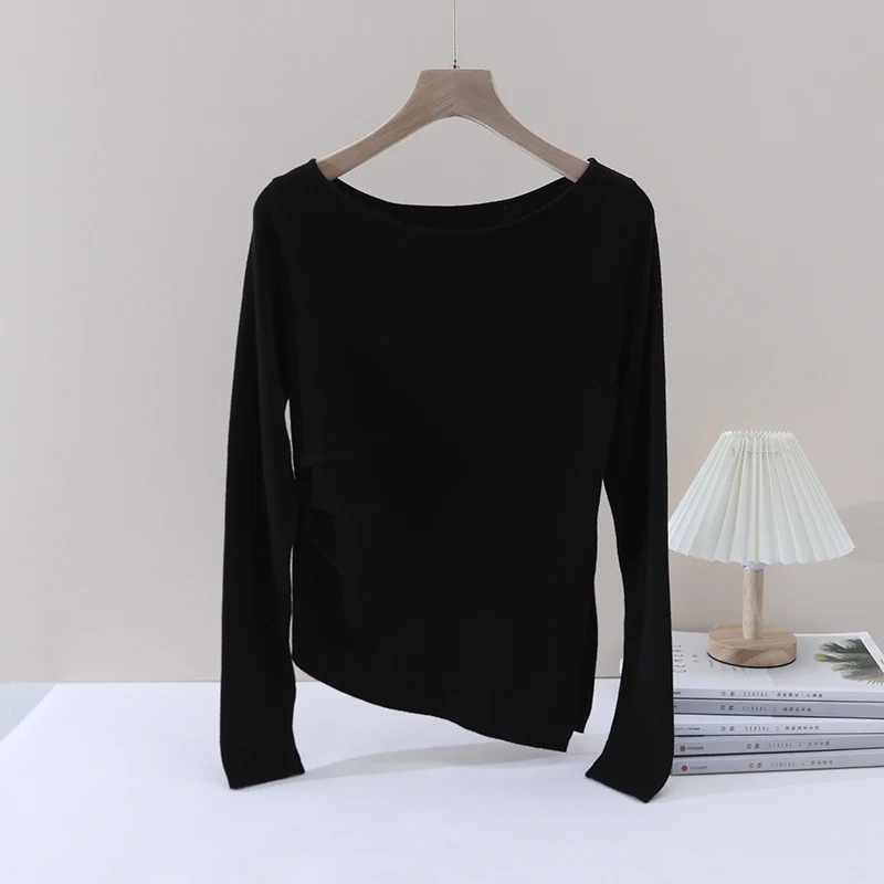 Damen Feines Rippenstrick-Longsleeve mit weitem U-Boot-Ausschnitt & seitlicher Raffung Nord Taschen
