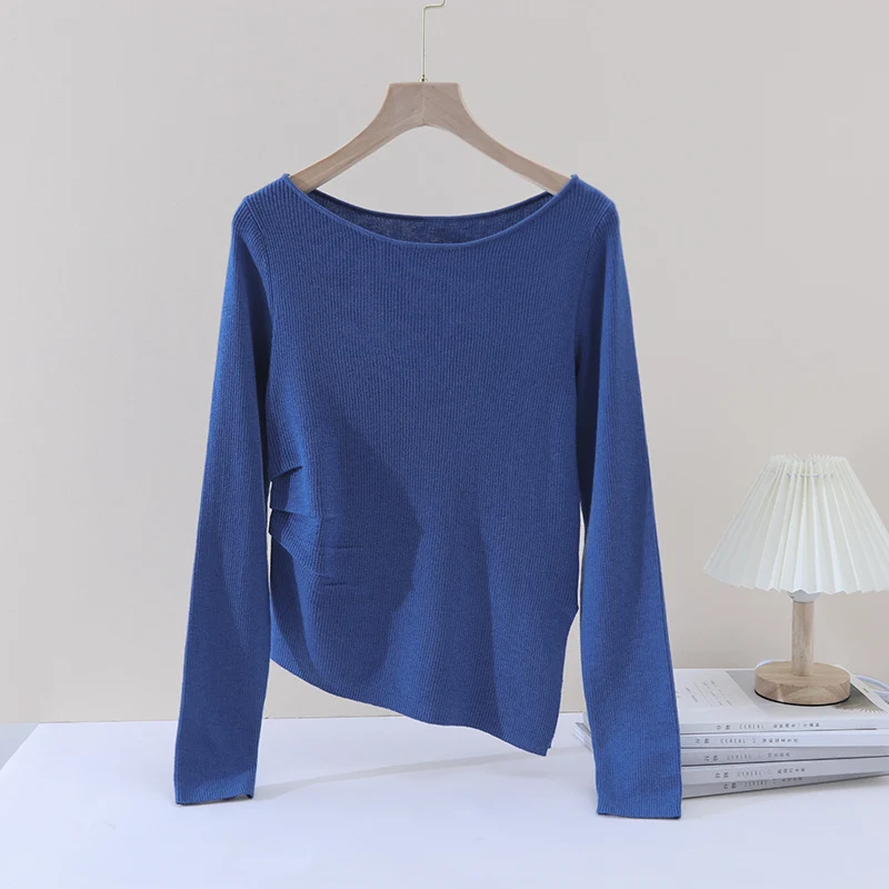 Damen Feines Rippenstrick-Longsleeve mit weitem U-Boot-Ausschnitt & seitlicher Raffung Nord Taschen