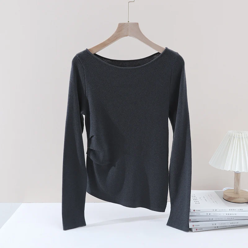 Damen Feines Rippenstrick-Longsleeve mit weitem U-Boot-Ausschnitt & seitlicher Raffung Nord Taschen