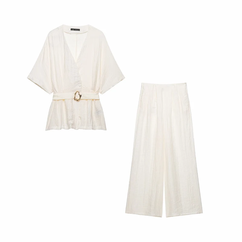 Damen Zweiteiliges Leinenoptik-Set mit Kimono-Oberteil und weiter hochtaillierter Hose Nord Taschen