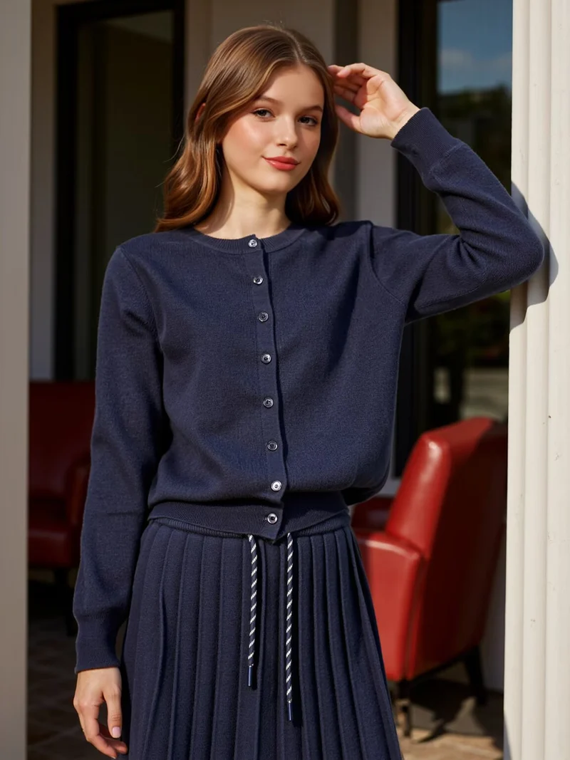 Damen Zweiteiliges Feinstrick-Set mit Knopfcardigan und plissiertem Minirock Nord Taschen