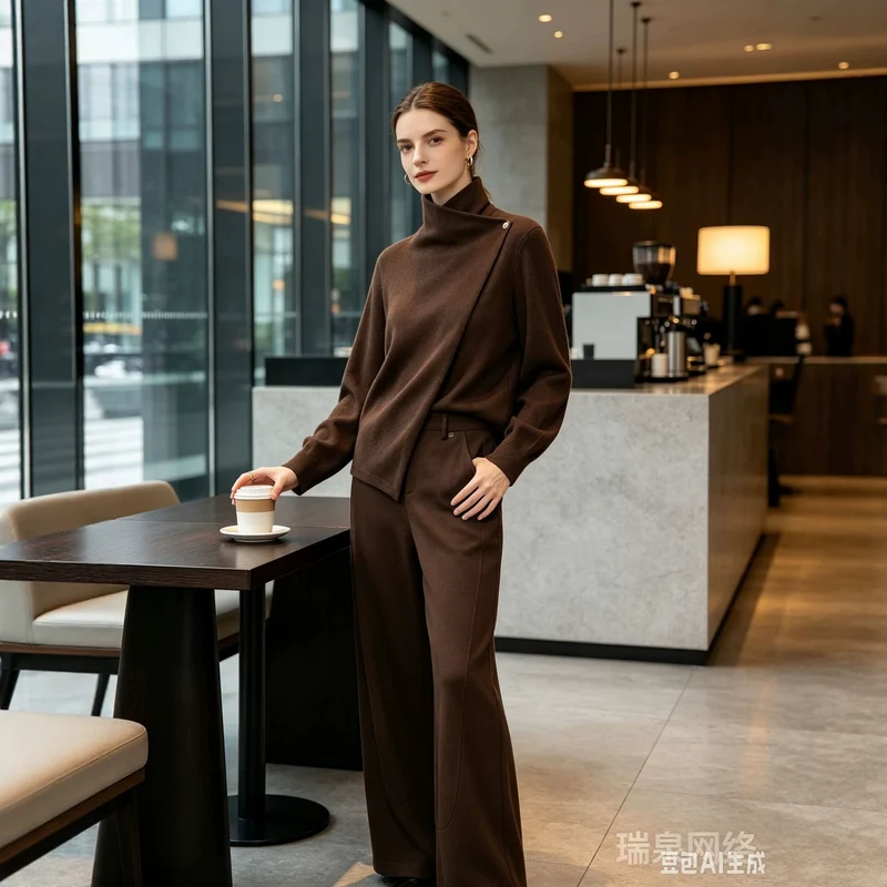 Damen Zweiteiliges Ensemble mit asymmetrischem Rollkragenoberteil und weiter Hochbundhose Nord Taschen