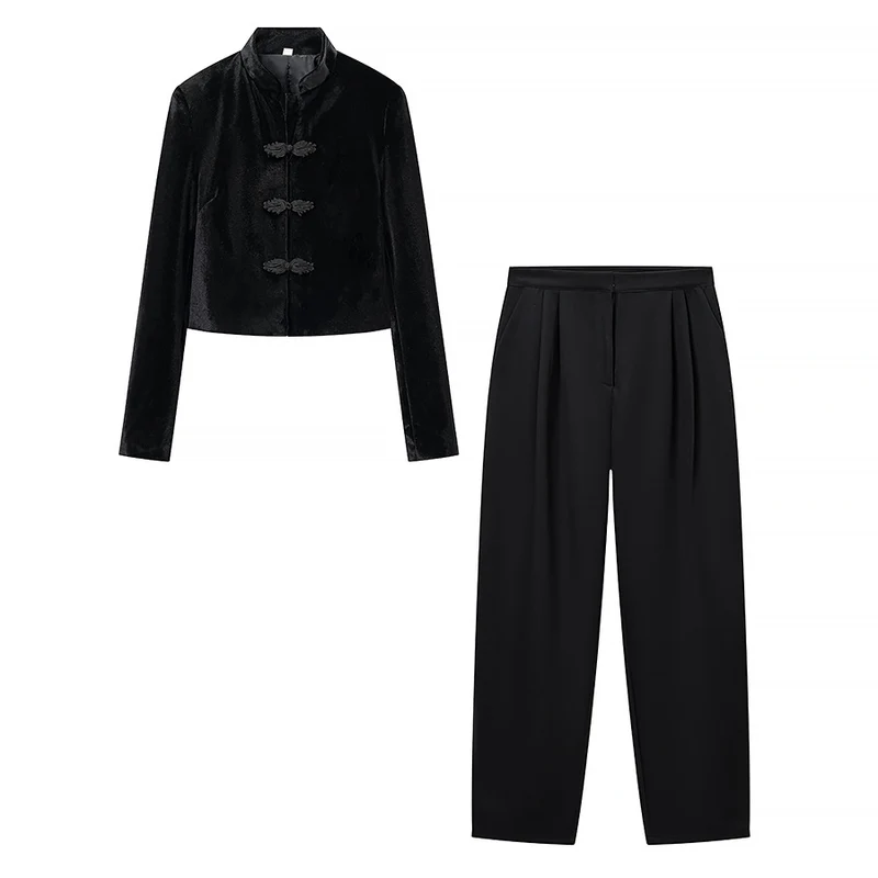 Damen Zweiteiliges Ensemble aus Kurzjacke mit Stehkragen und Froschverschlüssen und hochtaillierter Plissee-Hose Nord Taschen