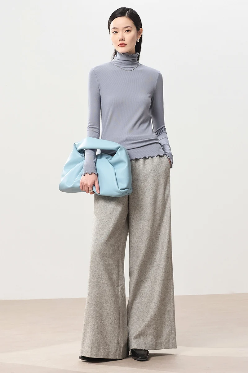 Damen Feines Ripp-Langarmshirt mit Rollkragen und Volantkanten Nord Taschen