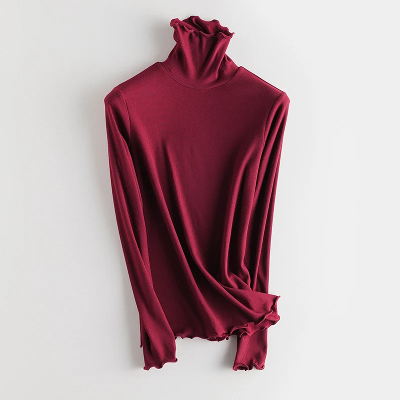 Damen Feines Ripp-Langarmshirt mit Rollkragen und Volantkanten Nord Taschen