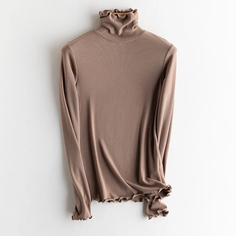 Damen Feines Ripp-Langarmshirt mit Rollkragen und Volantkanten Nord Taschen