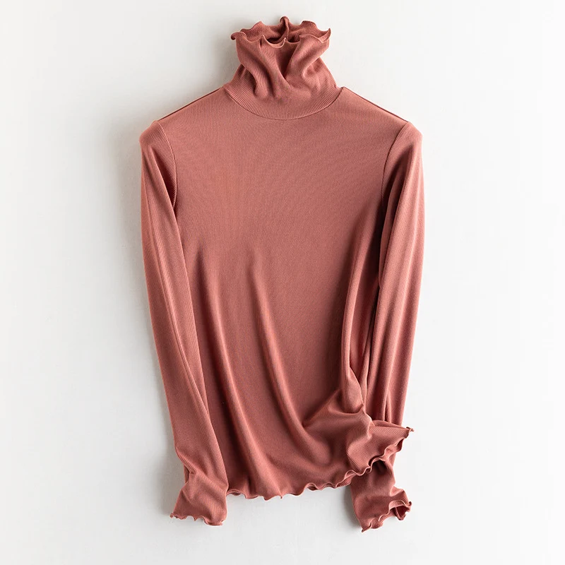 Damen Feines Ripp-Langarmshirt mit Rollkragen und Volantkanten Nord Taschen