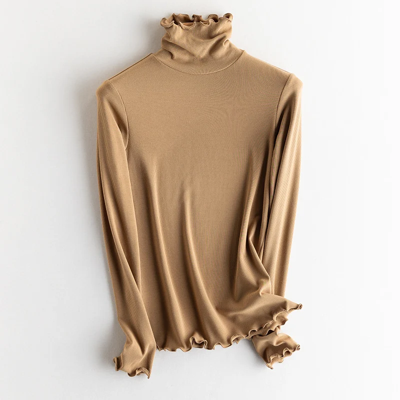 Damen Feines Ripp-Langarmshirt mit Rollkragen und Volantkanten Nord Taschen