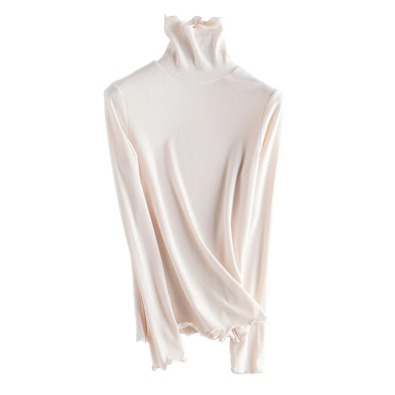 Damen Feines Ripp-Langarmshirt mit Rollkragen und Volantkanten Nord Taschen