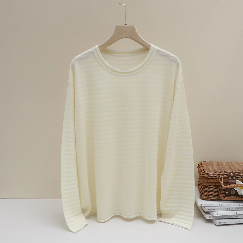Damen Feines gestreiftes Langarmshirt mit Rundhalsausschnitt aus leichtem Jersey Nord Taschen