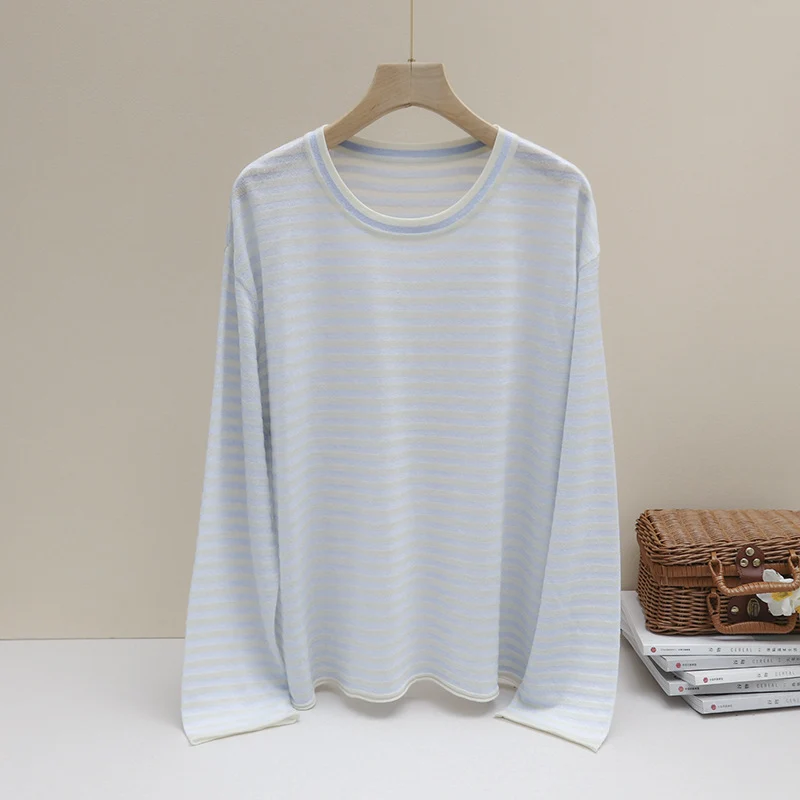 Damen Feines gestreiftes Langarmshirt mit Rundhalsausschnitt aus leichtem Jersey Nord Taschen