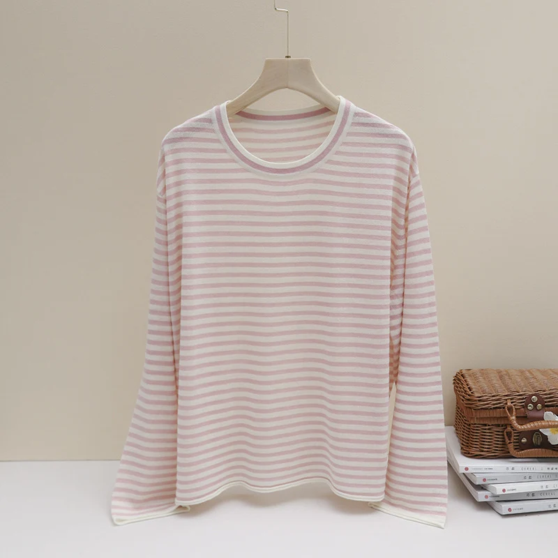 Damen Feines gestreiftes Langarmshirt mit Rundhalsausschnitt aus leichtem Jersey Nord Taschen