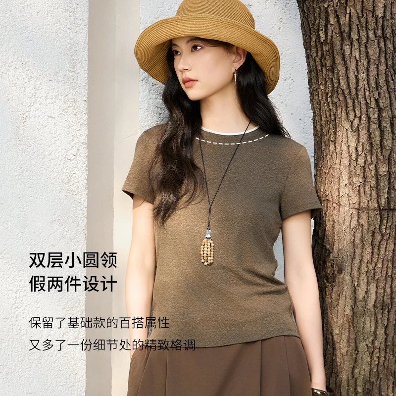 Damen Feines geripptes Kurzarm-T-Shirt aus stretchigem Baumwoll-Modal mit Rundhals Nord Taschen
